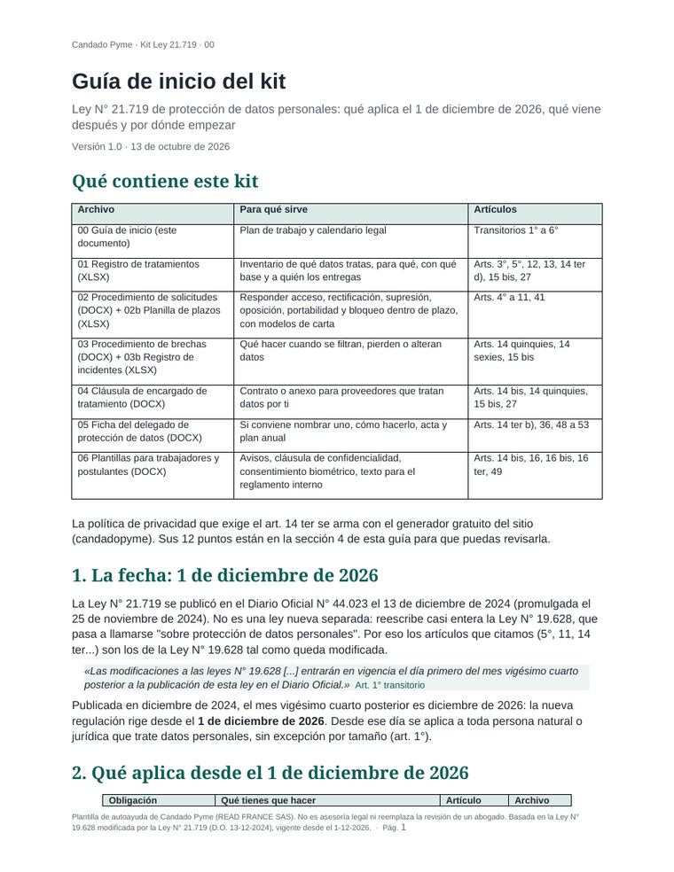 Primera página de la guía de inicio del kit